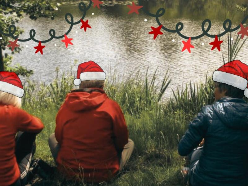 Billede af mennesker ved en sø - redigeret med nissehuer på og en juleguirlande